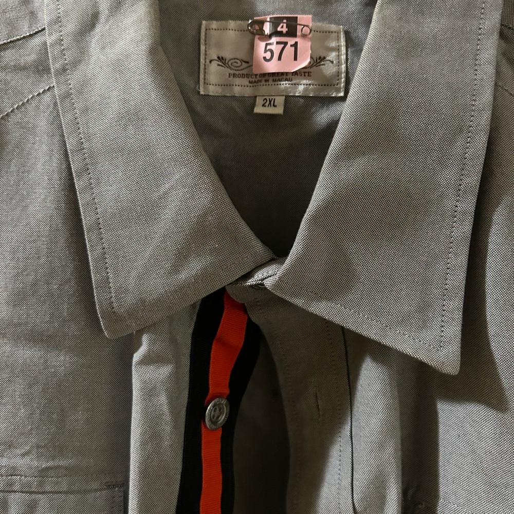 Gray Short Sleeve Button-Up Shirt with Orange Trim - Picture 2 of 6
